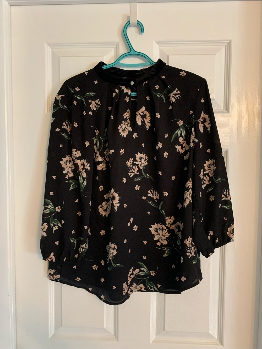 Ivanka Trump Black Floral Blouse with Cream Flowers and Green Leaves